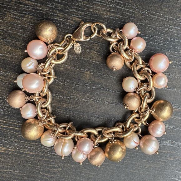 Vintage Honora Bronze Pink Freshwater Cultured Pearl Charm Bracelet 7.5” Italy - Picture 2 of 15